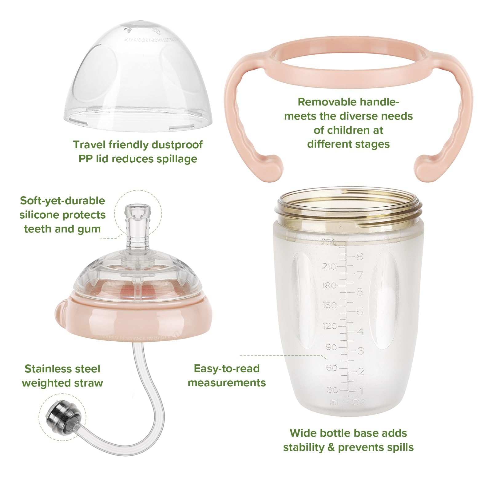 haakaa Weighted Straw Sippy Cup for 6+ Month Old, Silicone Weighted Straw Cup Milk Sippy Cup Baby Water Bottle with Straw Brush (Peach, 8oz./250ml)