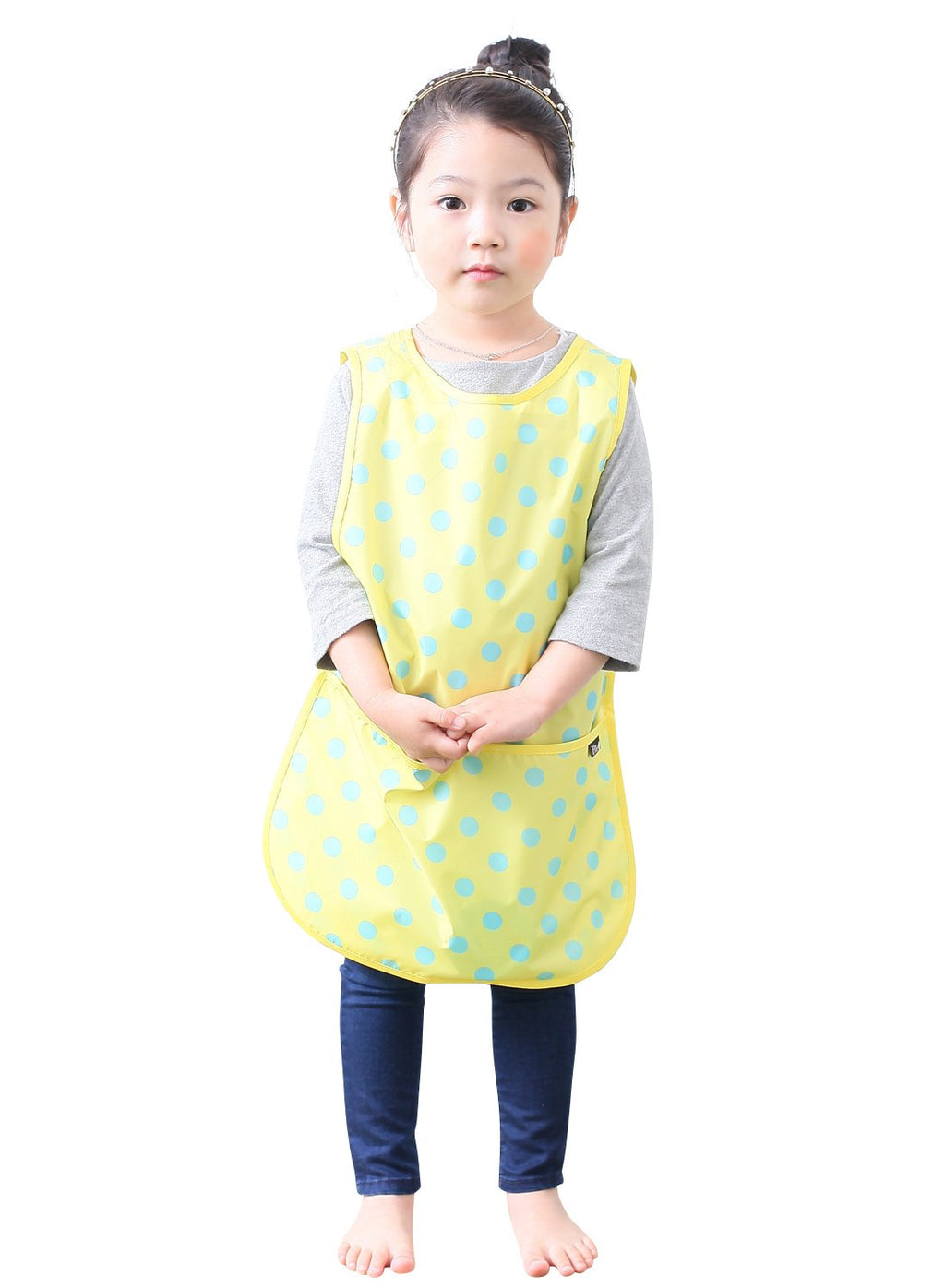 Plie Kids Painting Apron – Waterproof Art Smock for Toddlers & Preschoolers, Messy Play, Baking, Crafts, Cooking, Sensory Activities, Mealtime (Ages 1–10), Yellow Dot (01-L)