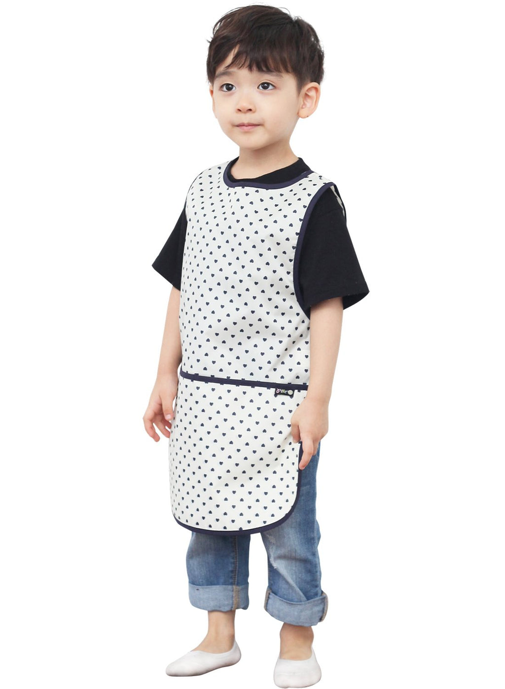 Plie Kids Painting Apron – Waterproof Art Smock for Toddlers & Preschoolers, Messy Play, Baking, Crafts, Cooking, Sensory Activities, Mealtime (Ages 1–10), Navy Heart Dot (26-M)