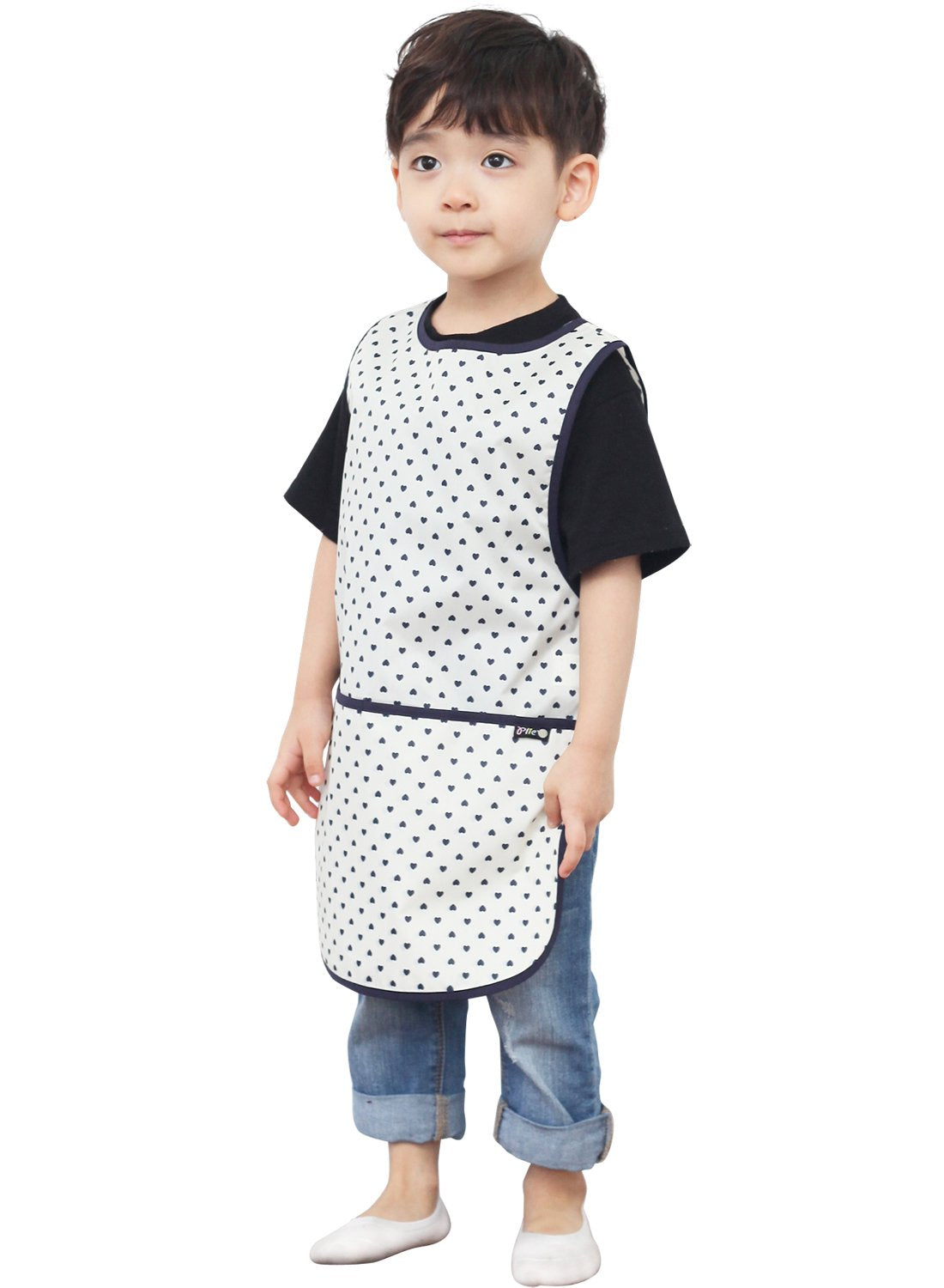 Plie Kids Painting Apron – Waterproof Art Smock for Toddlers & Preschoolers, Messy Play, Baking, Crafts, Cooking, Sensory Activities, Mealtime (Ages 1–10), Navy Heart Dot (26-M)