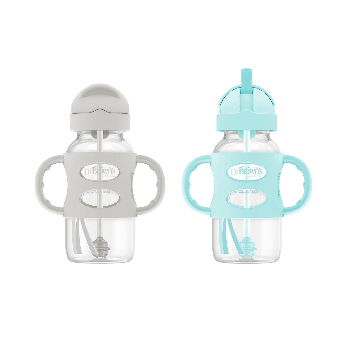 Dr. Brown's Wide-Neck Sippy Straw Bottle with Handles, Gray & Blue, 2-Pack