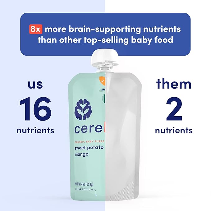 Cerebelly Organic Baby Food Pouches, Sweet Potato Mango Purees, 16 Nutrients, No Added Sugar, Fiber & Non-GMO, 4oz, 6 Pack