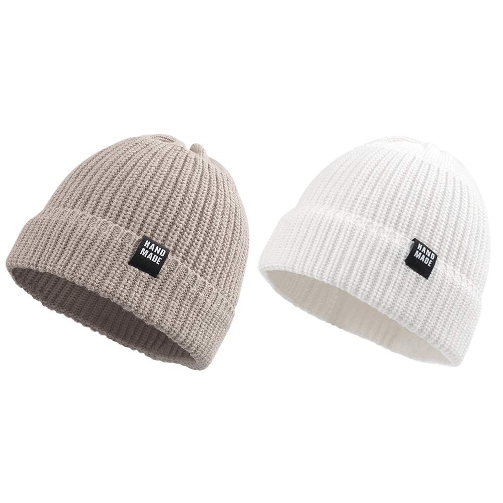 JANGANNSA Simple Knitted Baby Beanie Hip-Hop Boys Winter Hat Toddler Kids Bonnet for Girls 0-5Y (White+Beige,L)
