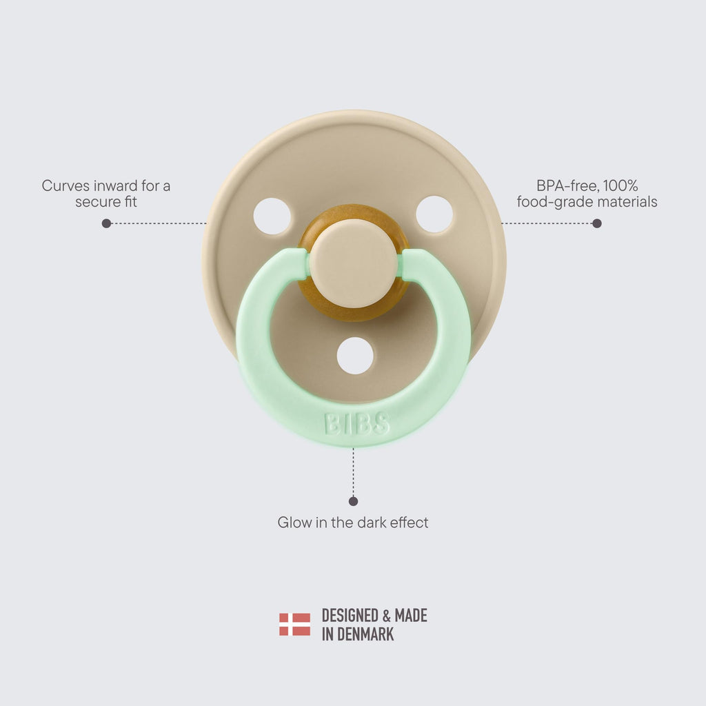 BIBS Pacifiers Colour Collection | Natural Rubber Baby Pacifier | Set of 2 BPA-Free Soothers | Made in Denmark | 0+ Months (Pack of 2) | Vanilla Night/Dark Oak Night