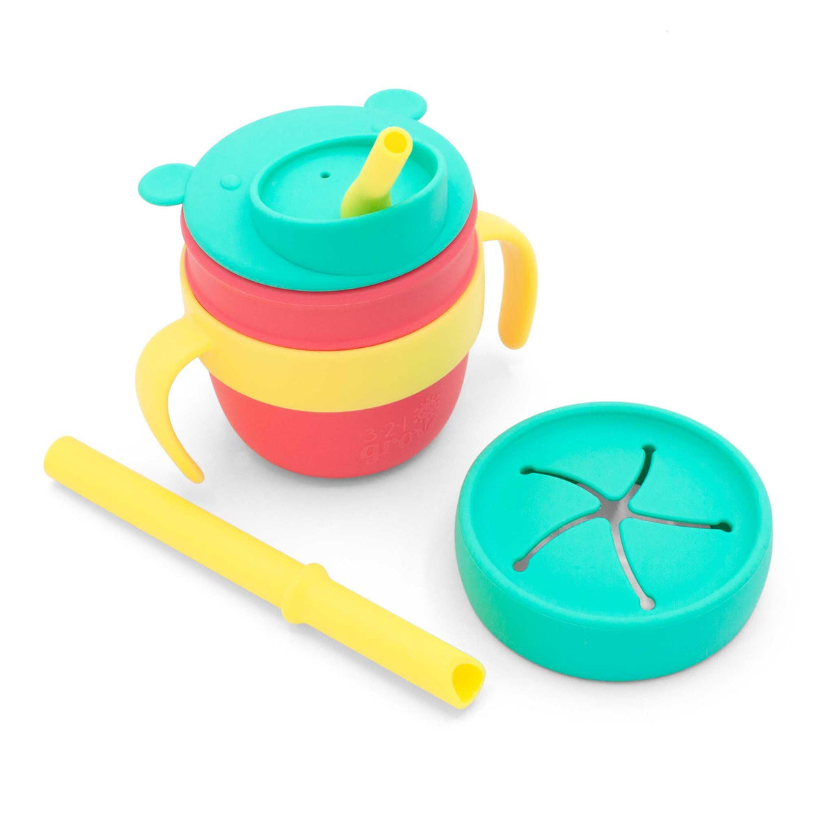 321 Grow Easy Learn Drink and Snack Set – Baby + Toddler Silicone Learning Cup & Snack Set, Training Cup for Straw and Open Cup Independence – Dishwasher Safe (Plum)