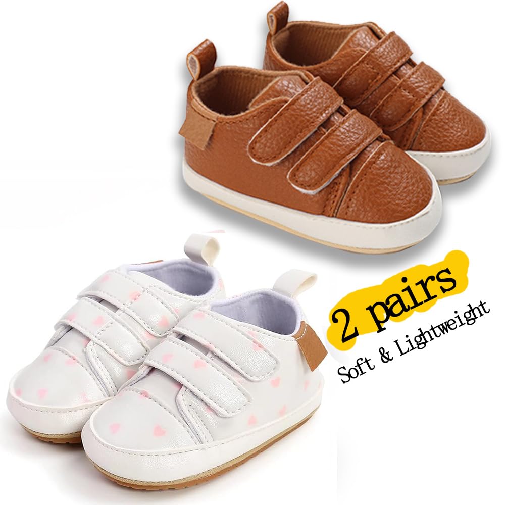 eitwo 2Pairs Baby Shoes,Boys Girls Non-Slip Rubber Sole Sneakers,Unisex Infant Soft First Walking Shoes(2Pairs_Brown+WhiteHeart,6-12 Months)