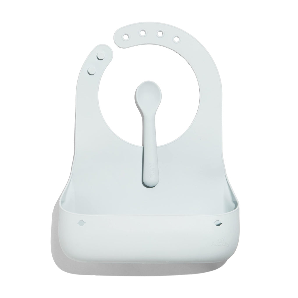 Avanchy Silicone Baby Bib, Waterproof Food Catcher, Spoon Set, White