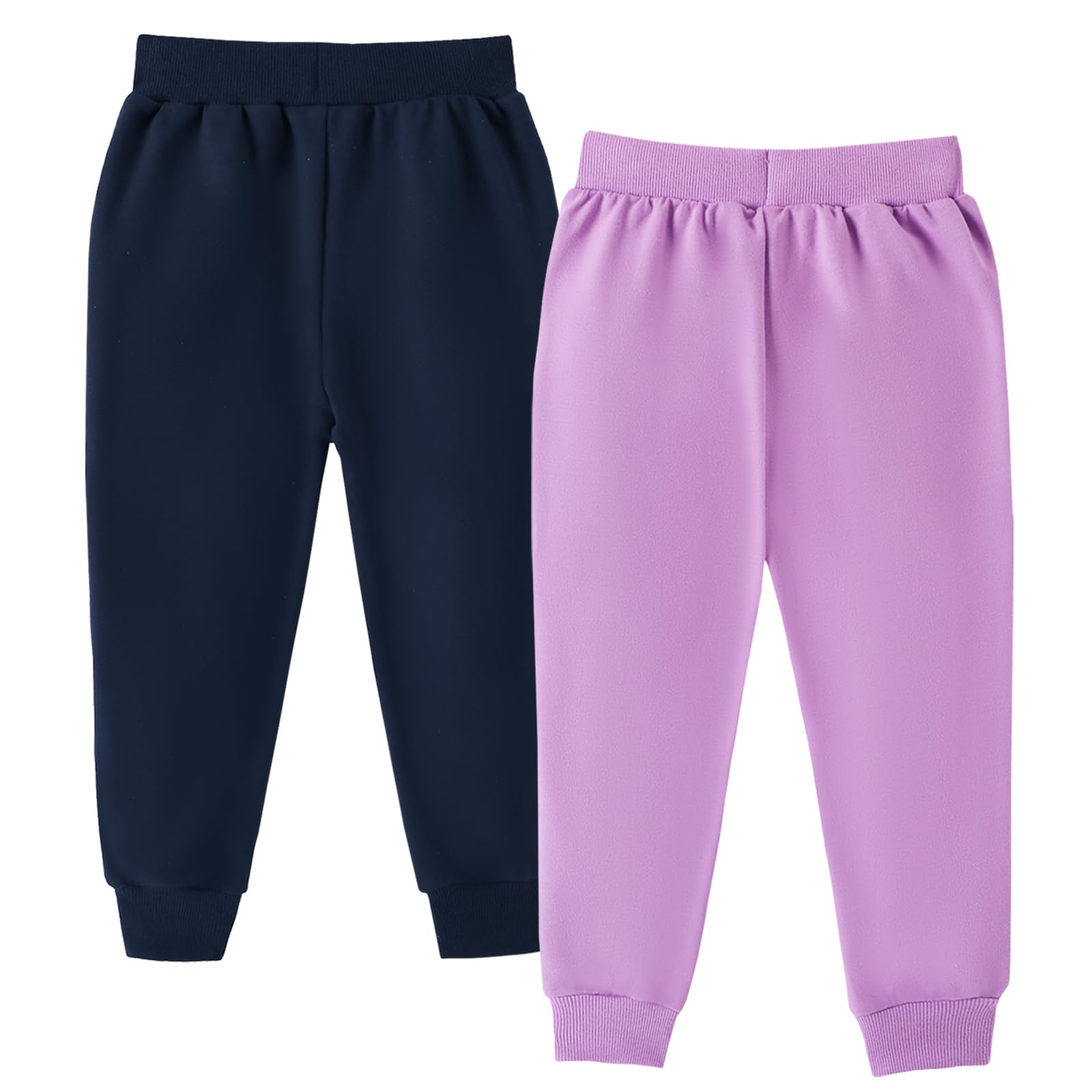 HILEELANG Toddler Girls Cotton Joggers Sweatpants Floral Embroidery Drawstring Waist and Pockets-Purple Navy Blue Casual Athletic Pants for Kids 2Y