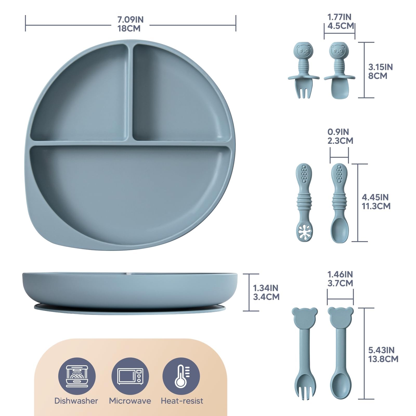 WiLLBEttER 7-Piece Silicone Baby Feeding Set - Divided Suction Plate with 3 Sets of Spoons and Forks, BPA-Free Toddler Plates for Baby-Led Weaning & Self Feeding, Dishwasher & Microwave Safe