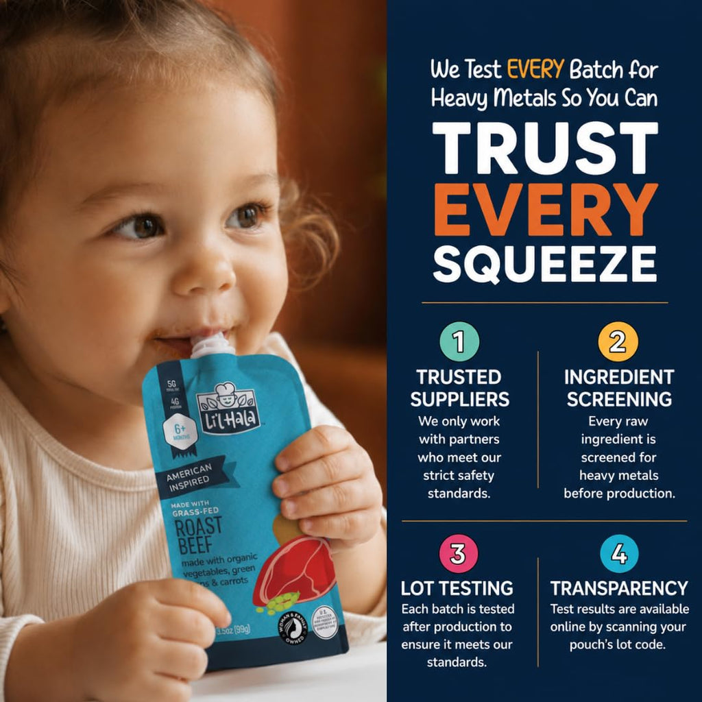 Li’l Hala Baby Food Meat Pouches, Chicken & Beef Meat Purees with Organic Veggies, Protein, Iron & Fiber, Stage 2 Baby Food, On-the-Go Toddler Meals, Variety 6 Pack