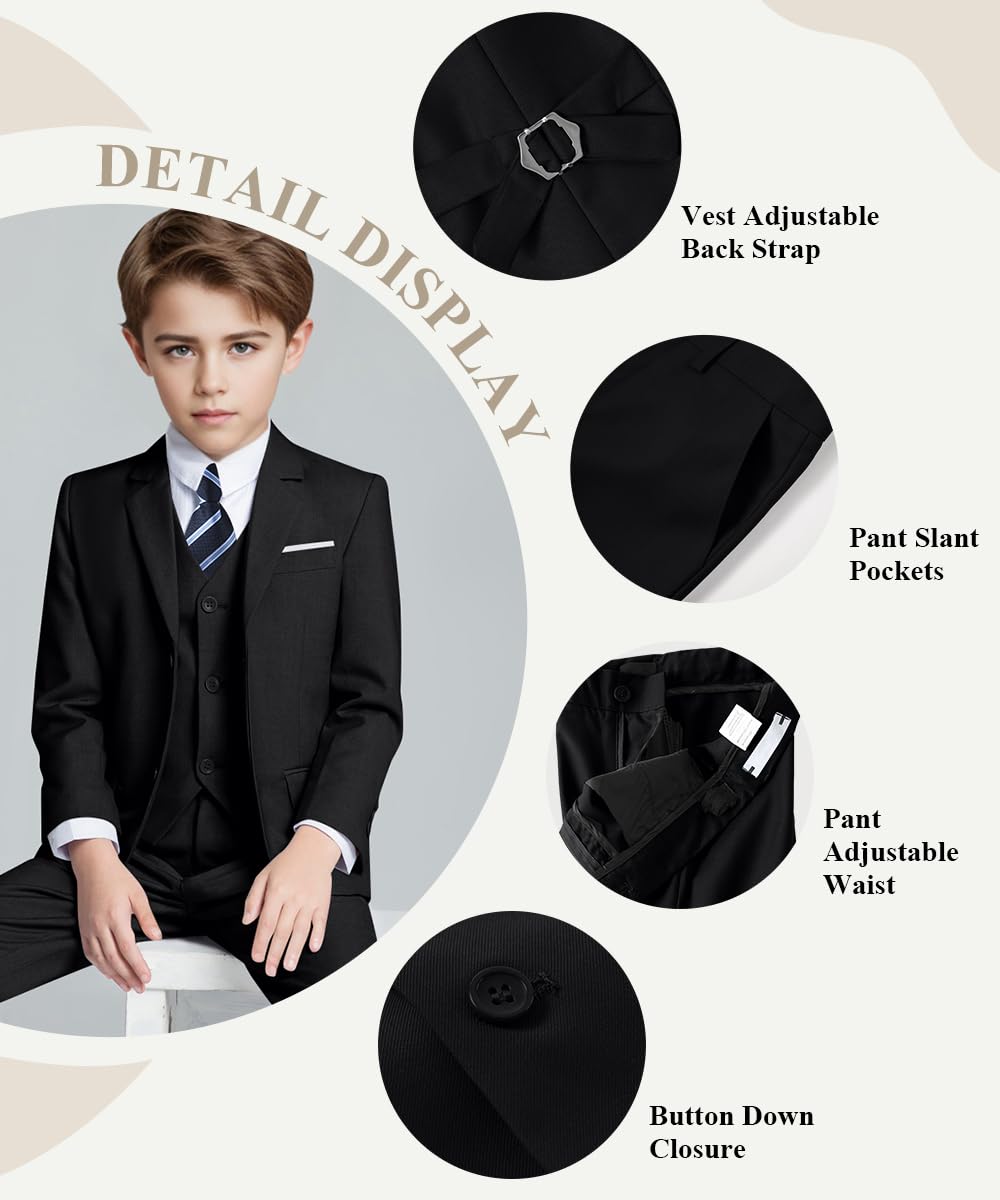 Suit for Boys Kids Suits Slim Fit Tuxedo Blazer Vest Pants Shirt and Tie Black Size 12