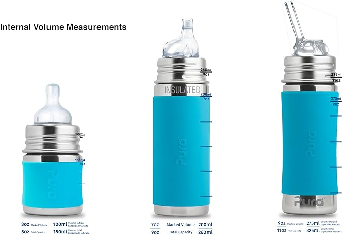 Pura Kiki 11oz/325ml Stainless Steel Straw Bottle w/Sleeve - 100% Plastic-Free, MadeSafe Certified, 100% Medical-Grade Silicone Straw for Kids, Toddlers, Preschoolers, & Infant - New Aqua Swirl
