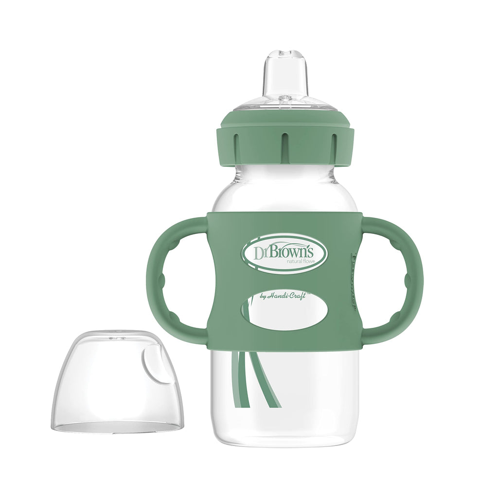 Dr. Brown's Wide-Neck Sippy Spout Bottle with Handles, Green & Gray, 2-Pack