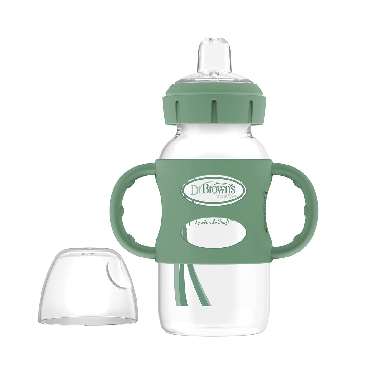 Dr. Brown's Wide-Neck Sippy Spout Bottle with Handles, Green & Gray, 2-Pack