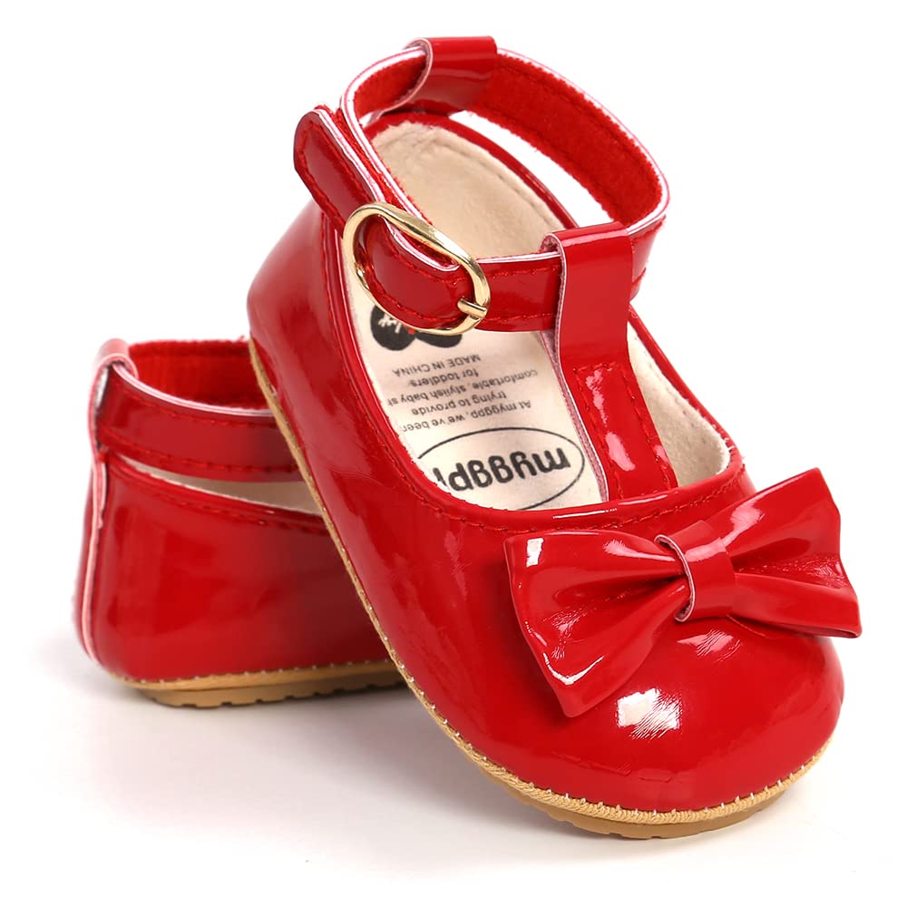 COSANKIM Baby Girls Mary Jane Flats Shoes Anti-Slip Rubber Sole Infant Toddler Princess Wedding Dress Shoes(01 Red, 6-12 Months Infant)
