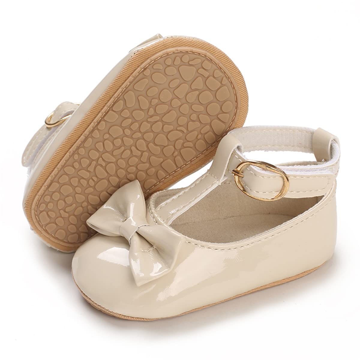 COSANKIM Baby Girls Mary Jane Flats Shoes Anti-Slip Rubber Sole Infant Toddler Princess Wedding Dress Shoes(01 Beige, 3-6 Months Infant)