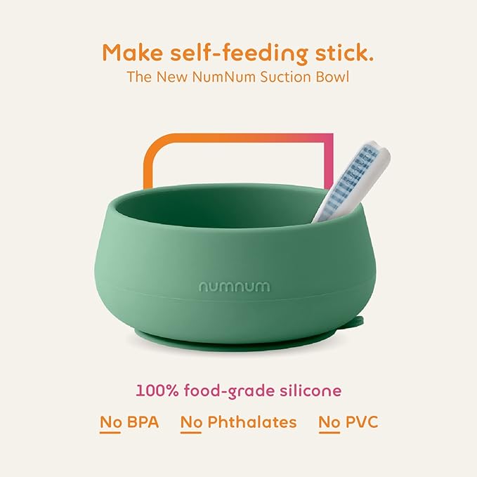 NumNum Baby Bowl & 2 Pack GOOtensils Baby Spoons, Suction Bowls for Baby 4+ Months, Extra Strong Non-Slip Suction, 100% Food-Grade Silicone, BPA-Free, Microwave & Dishwasher Safe (Green/Blue)