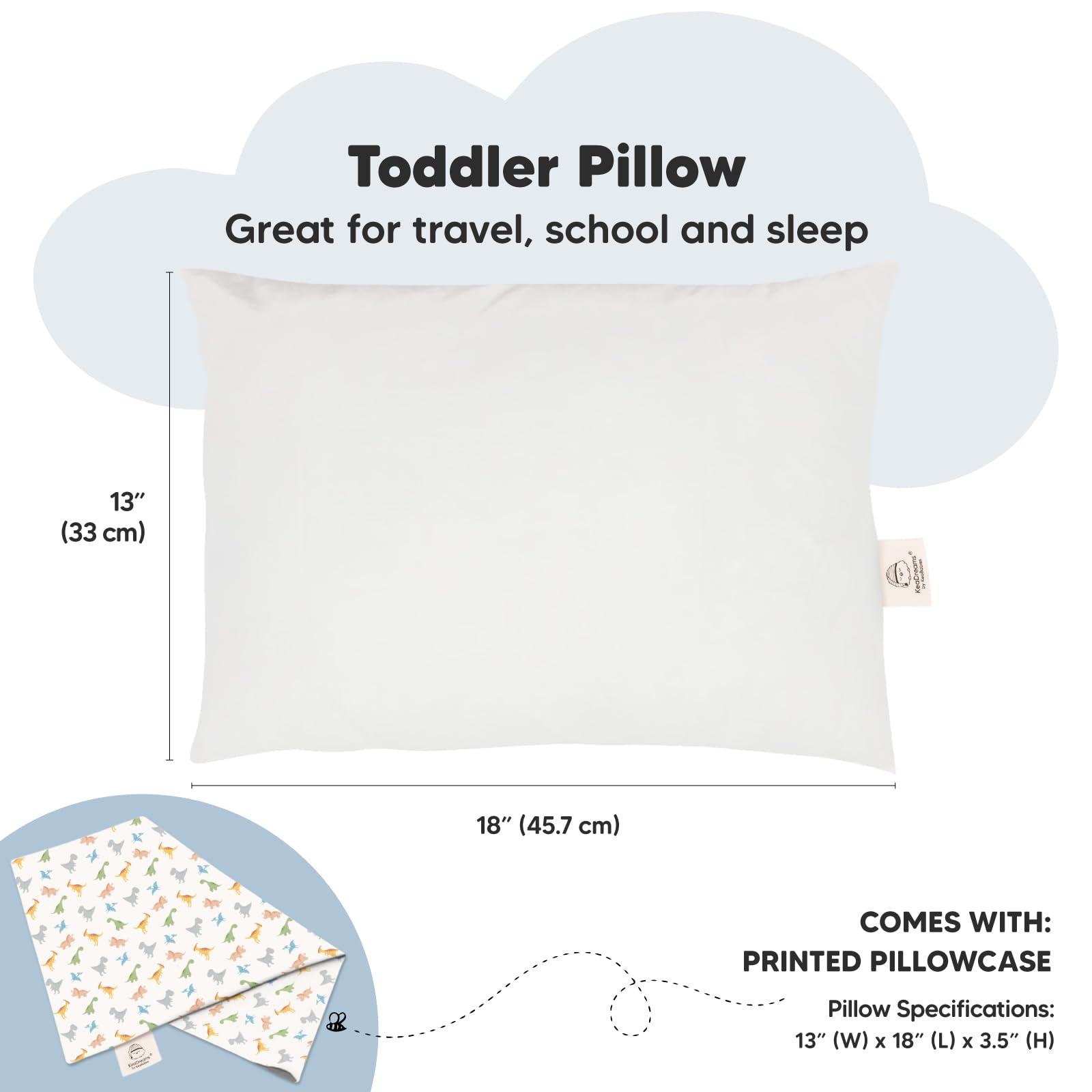Toddler Pillow with Pillowcase, 13x18 My Little Dreamy Pillow (Roarsome)