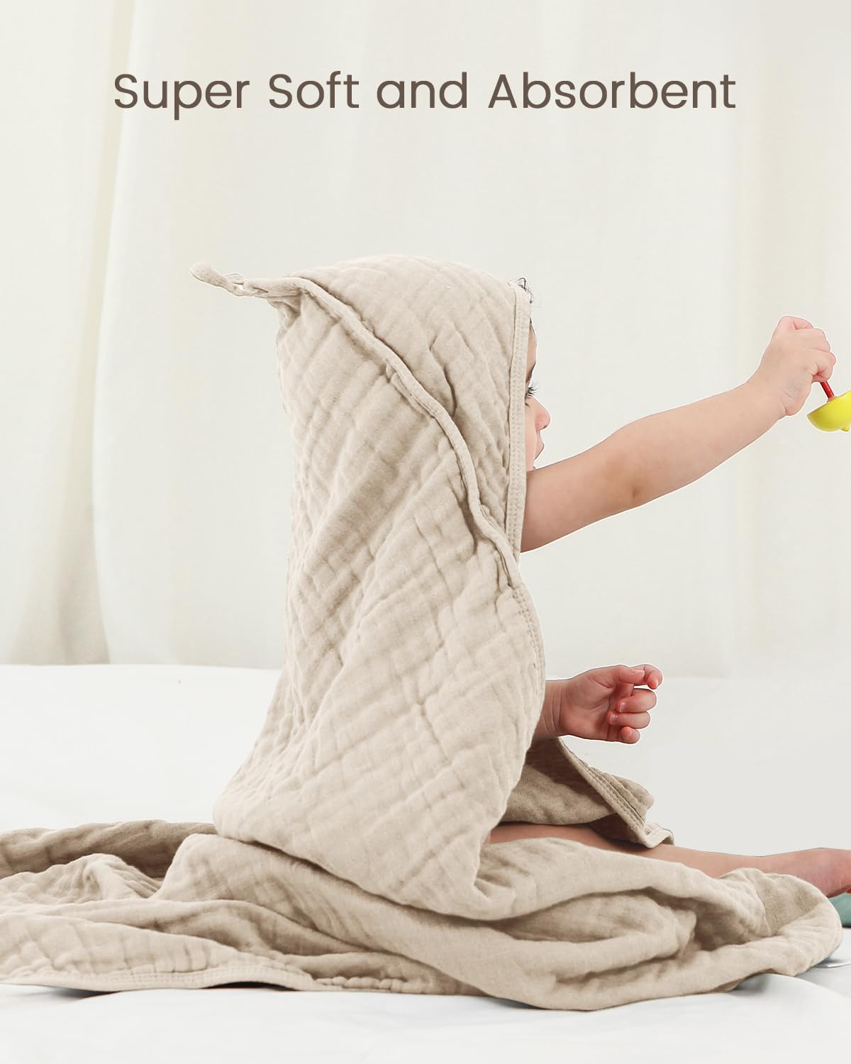FAVERDIIY Newborn Hooded Baby Towels, 35x35 Inch 2 Pack 100% Muslin Cotton Baby Bath Towel, Soft Baby Beach Towels with Hood for Infants, Toddlers and Kids, (White + Beige)
