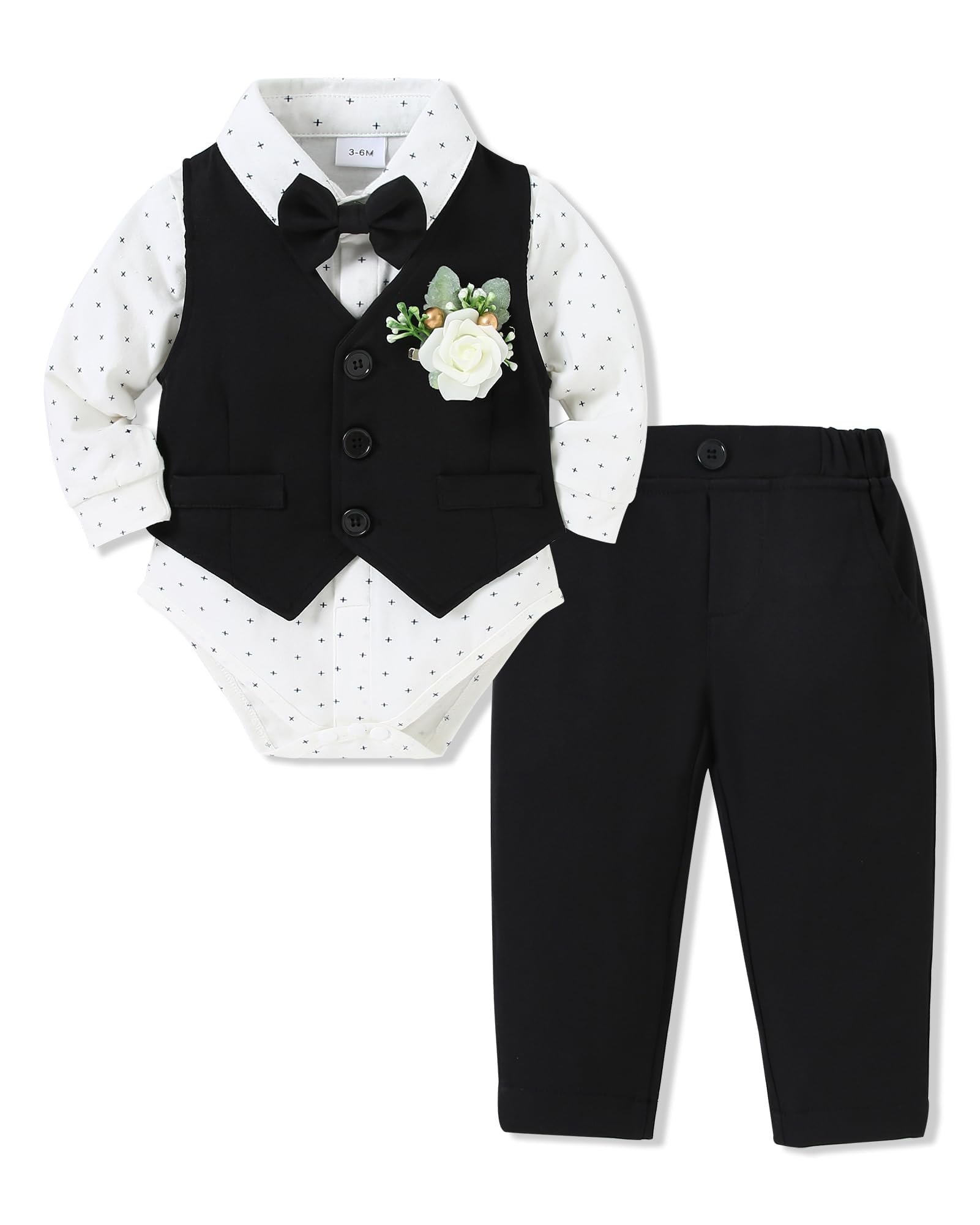 SANMIO Baby Boy Clothes Suits Infant Gentleman Outfit Collared Dress Shirt+Vest+Tie+Corsage+Pants 5Pcs Baby Suit Sets Black