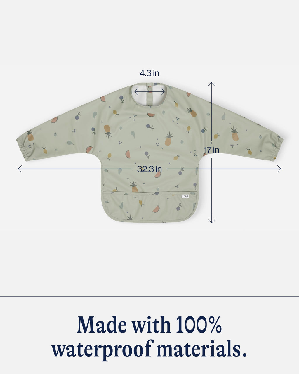 Lalo Smock Bib - Long Sleeve Bib for Infants and Toddlers - Elastic Cuffs, Large Catch-All Pocket, Waterproof Recycled Polyester - Easy to Clean for Mealtime and Art Time - Fruit Print Sage Infant