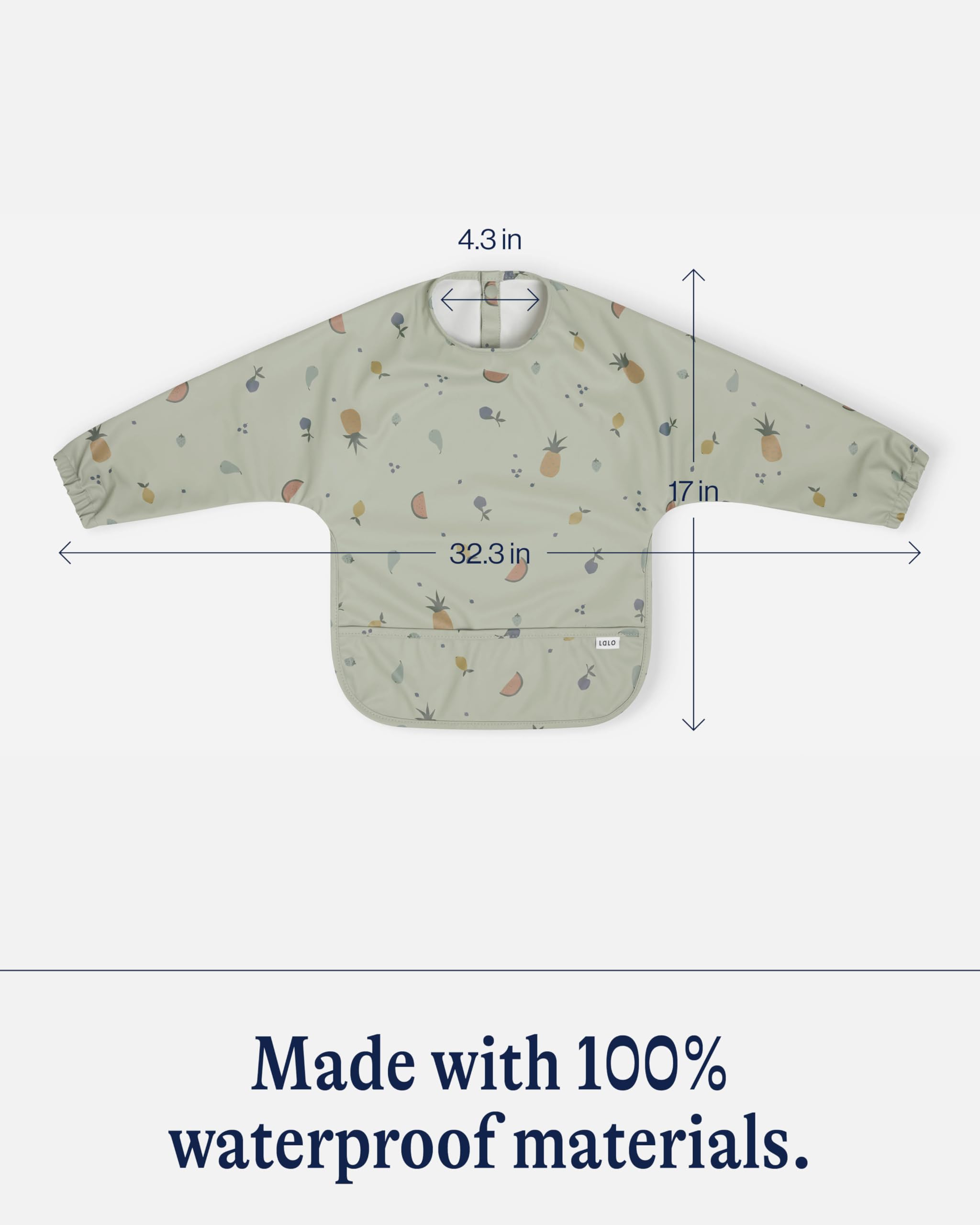 Lalo Smock Bib - Long Sleeve Bib for Infants and Toddlers - Elastic Cuffs, Large Catch-All Pocket, Waterproof Recycled Polyester - Easy to Clean for Mealtime and Art Time - Fruit Print Sage Infant