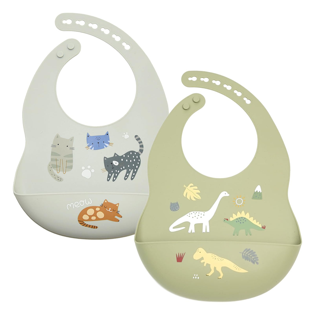 Little Rawr Baby Silicone Bibs 2 Sets Baby Bibs with Food Catcher for Girls Boys Toddlers BPA Free Adjustable Neck Band Waterproof Soft Durable (Gray-Blue)