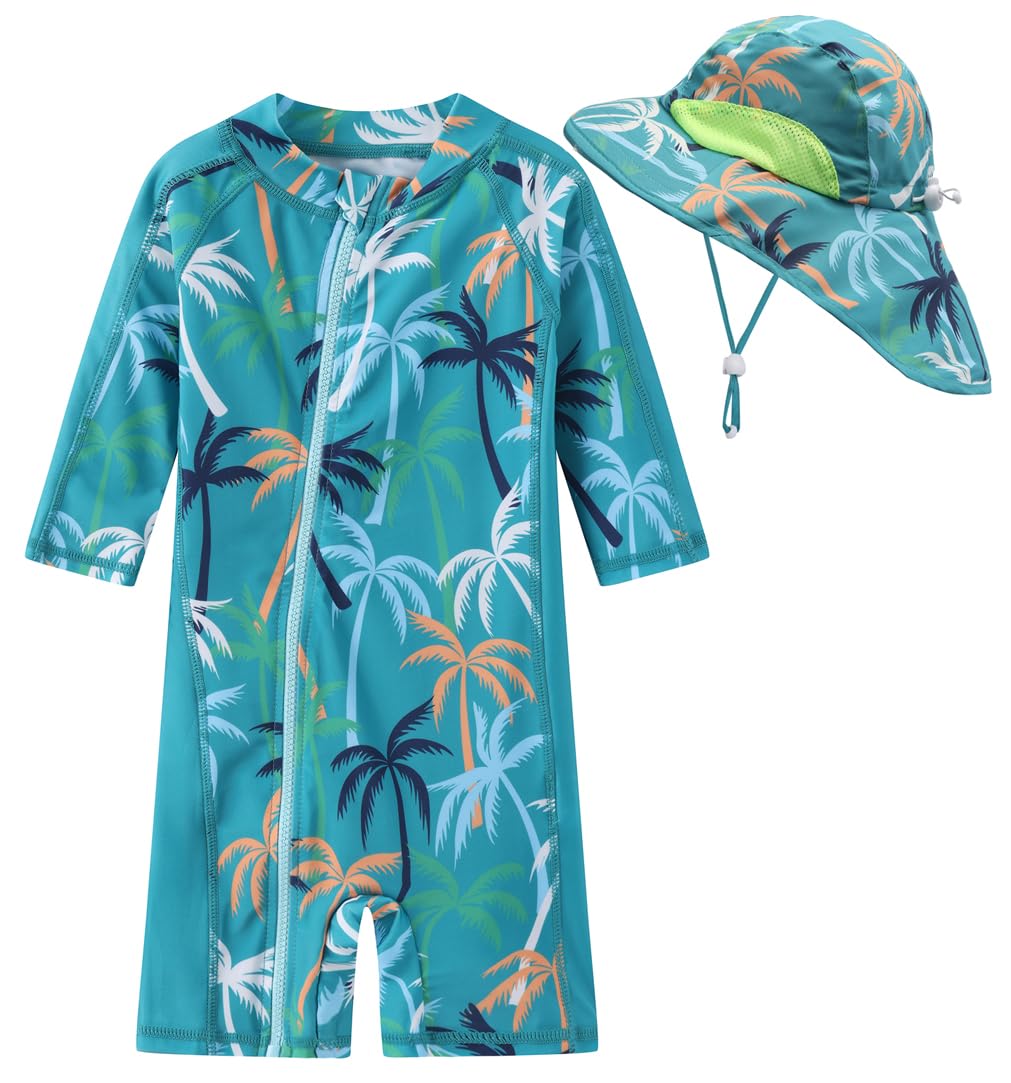 Baby/Toddler Boys Swimsuit Rashguard One Piece Zipper Bathing Suit with Sun Hat Infant Swimwear Sunsuit UPF 50+（Green Coconut Tree，9-12 Months）