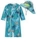 Baby/Toddler Boys Swimsuit Rashguard One Piece Zipper Bathing Suit with Sun Hat Infant Swimwear Sunsuit UPF 50+（Green Coconut Tree，9-12 Months）