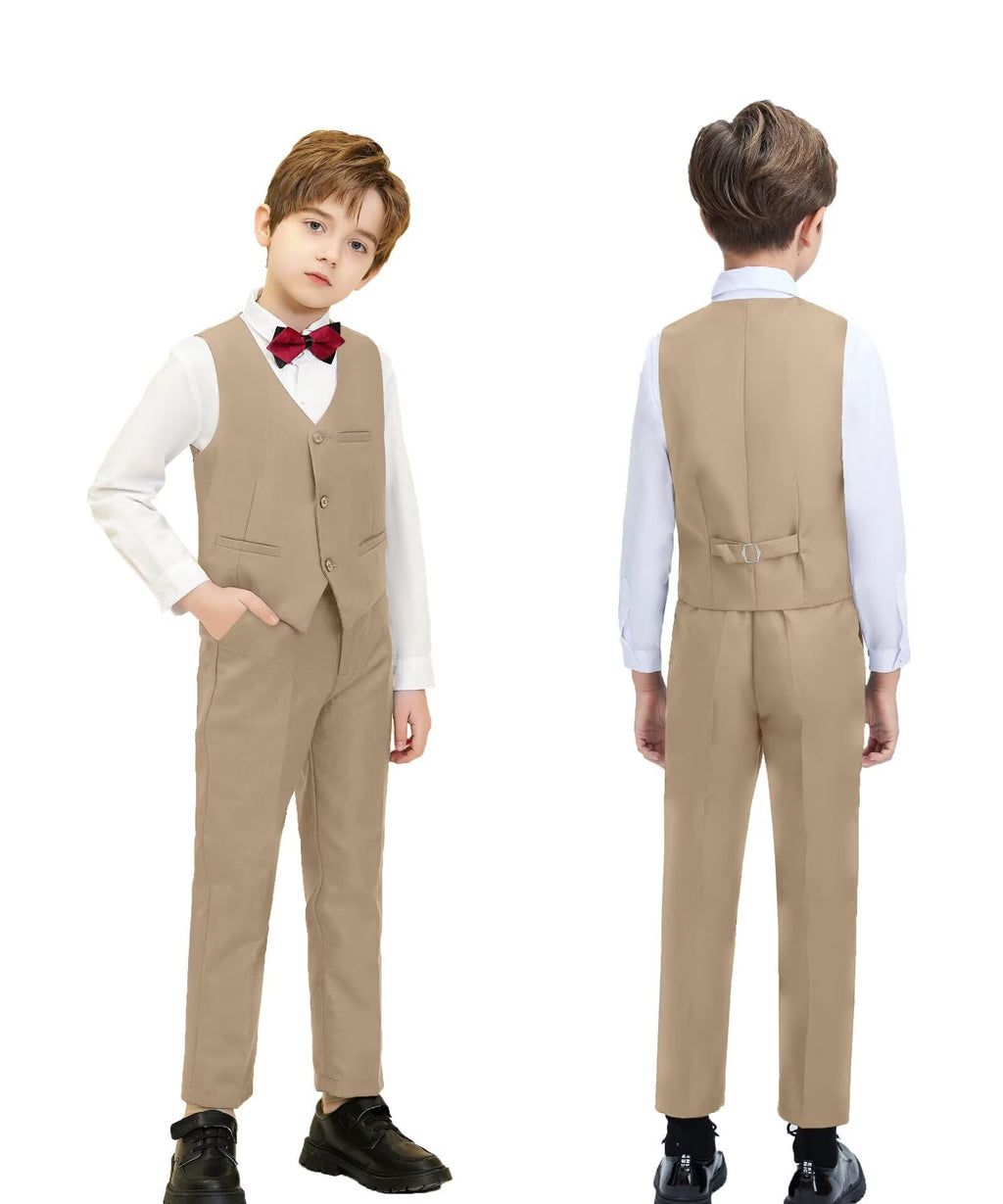 Fxzpiodi Suit for Boys Slim Fit Wedding Outfit Suit Size 2-20 Kids 6 Piece Tuxedo Solid Formal Dresswear of Jacket Vest Pants Shirt and Tie Khaki 14