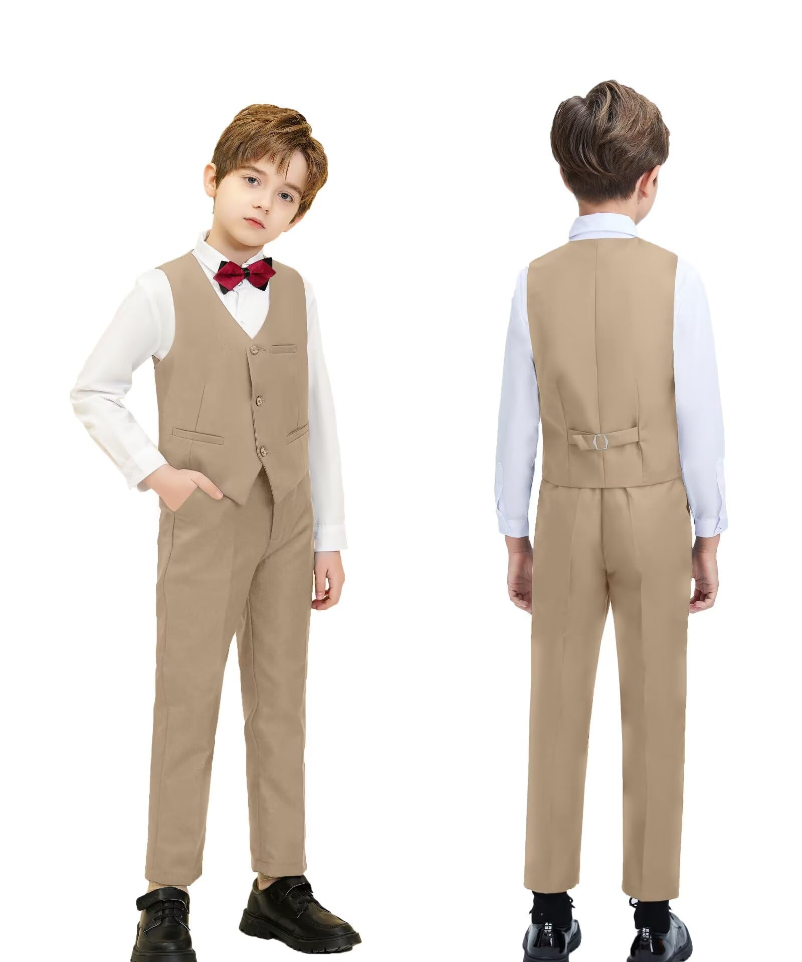 Fxzpiodi Suit for Boys Slim Fit Wedding Outfit Suit Size 2-20 Kids 6 Piece Tuxedo Solid Formal Dresswear of Jacket Vest Pants Shirt and Tie Khaki 14