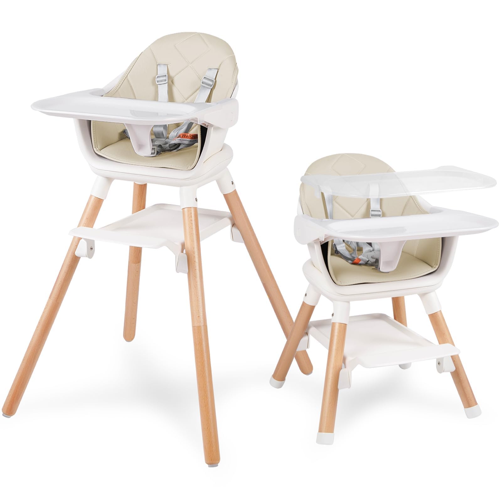 6 in 1 Baby High Chair, Convertible Wooden High Chairs, Beige