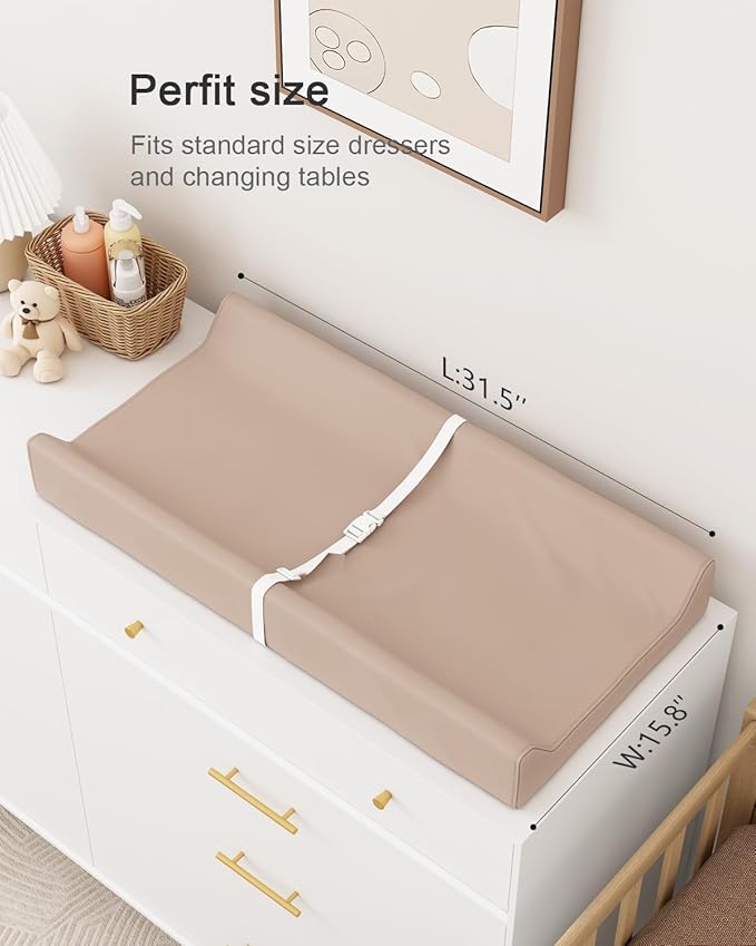Wipeable Baby Changing Pad for Dresser and Table, Cozy Diaper Changing Pad with Waterproof & Wipe-Clean Leather Cover, Light Brown