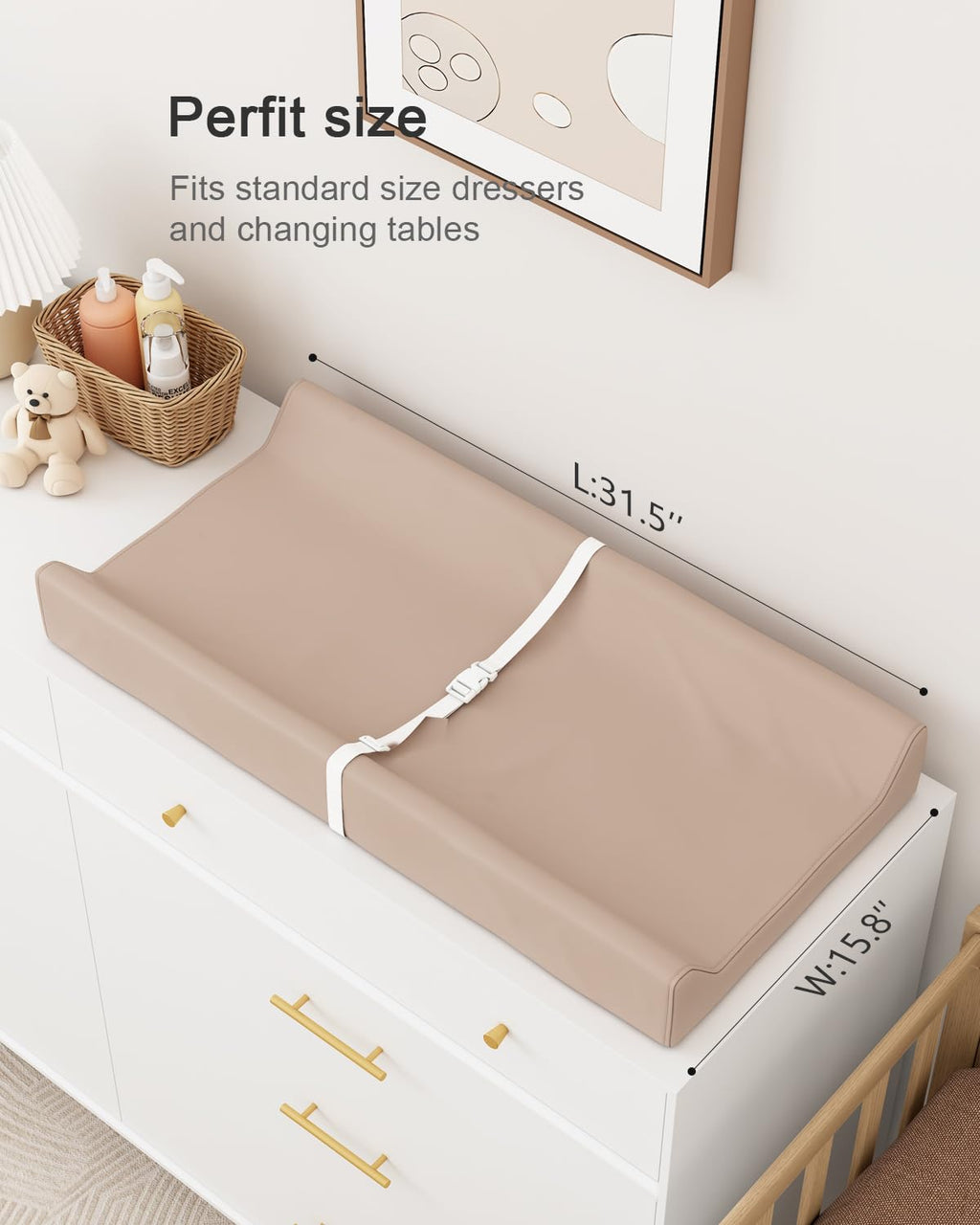 YACODAVO Wipeable Baby Changing Pad for Dresser and Table, Cozy Diaper Changing Pad with Waterproof & Wipe-Clean Leather Cover, Light Brown