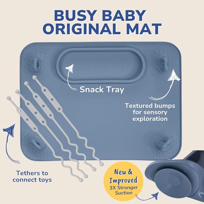 BUSY BABY Silicone Mat - New and Improved Suction Cups, 4 Straps to Secure Baby Essentials, Self Feeding, Baby Led Weaning, Travel Sleeve Included (Blue)