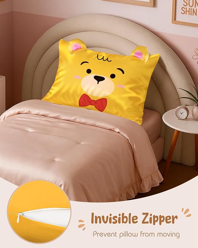Toddler Pillowcases 13"x18" for Kids - Cute Cartoon Soft Breathable Silk Pillow Cases for Hair and Skin with Hidden Zipper for Boys Girls Fun Kawaii Design for Bedding, Yellow Bear