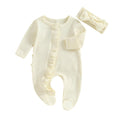 CIYCUIT Baby Girls Clothes Newborn Long Sleeve Zip Up Onesie Romper with Headband Fall Winter Outfits Beige 0-3 Months