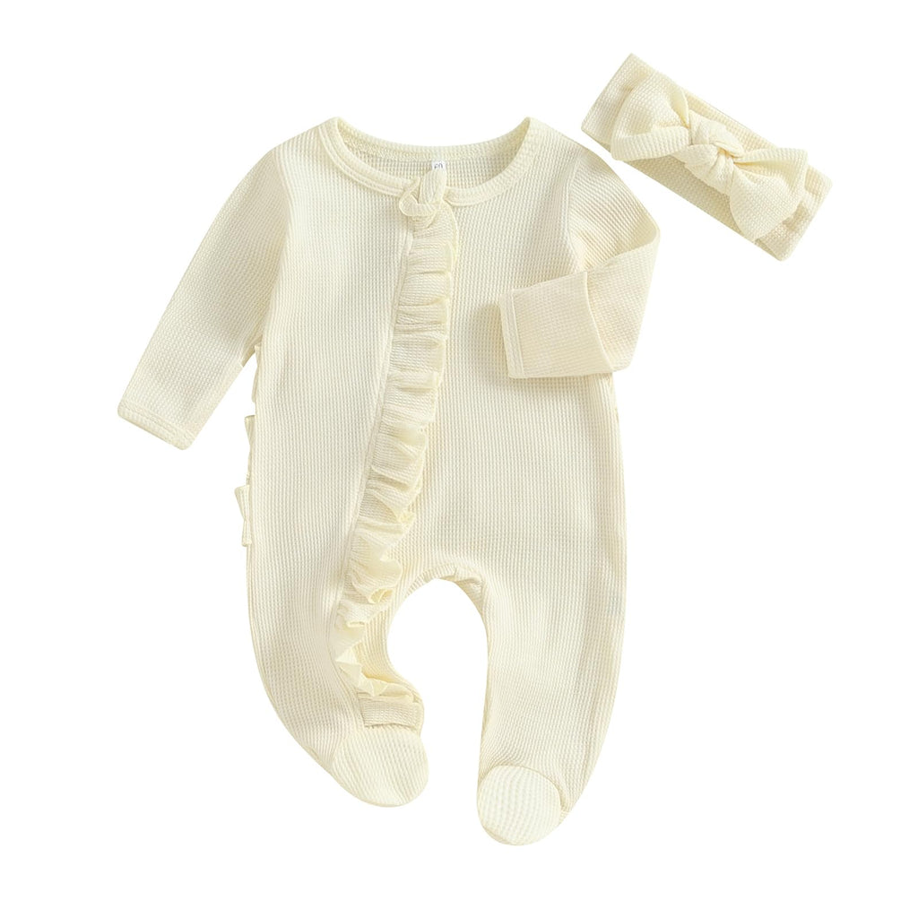 CIYCUIT Baby Girls Clothes Newborn Long Sleeve Zip Up Onesie Romper with Headband Fall Winter Outfits Beige 0-3 Months