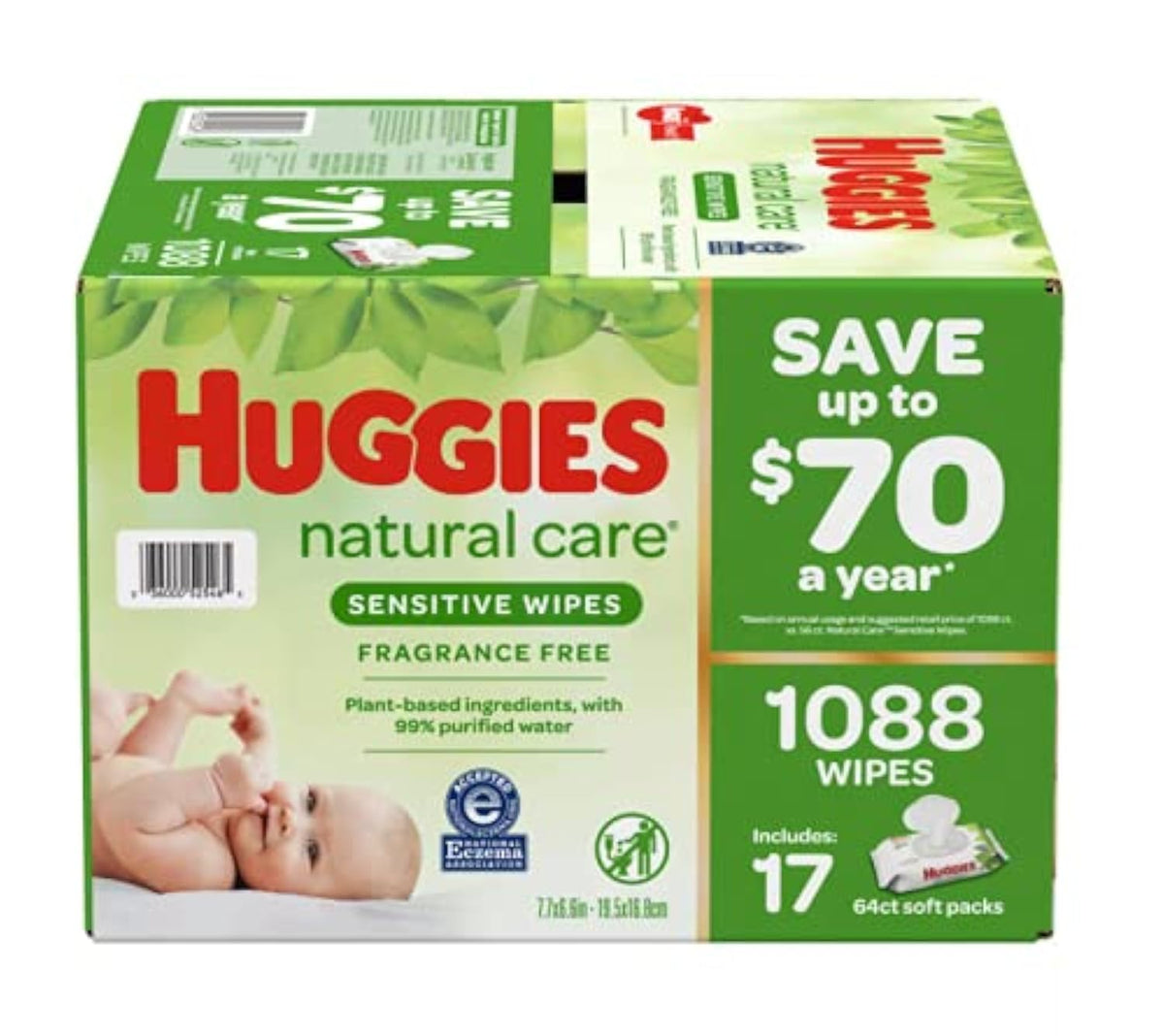 Huggies Natural Care Sensitive Baby Wipes, Unscented, Hypoallergenic, 99% Purified Water, 9 Flip-Top Packs (3 packs of 3), 504 Total Wipes (56 Wipes per pack), Packaging May Vary