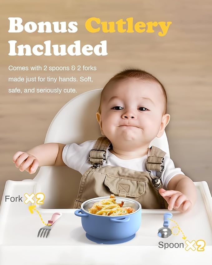 Toddler Bowls with suction & Utensils Set, 2-in-1 Stainless Steel 304 Kids Feeding Bowl & Silicone Suction Baby Bowl with Spoons and Forks, First Self-feeding Training Set, Organic Bloom