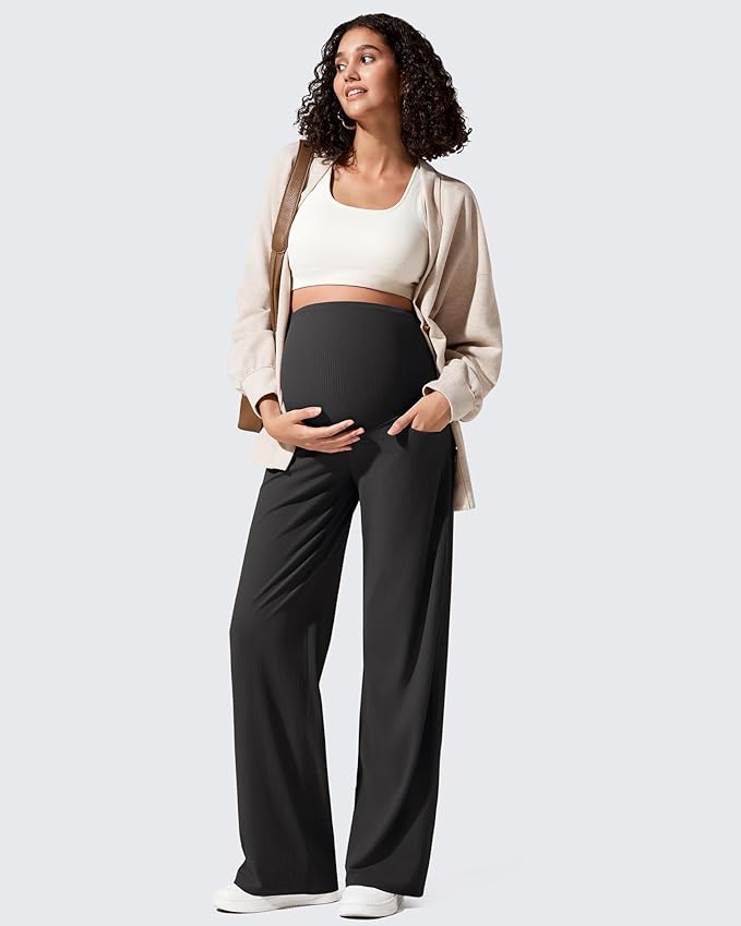 G4Free Ribbed Maternity Yoga Pants with Pockets Over The Belly Wide Leg Casual Pregnancy Lounge Trousers