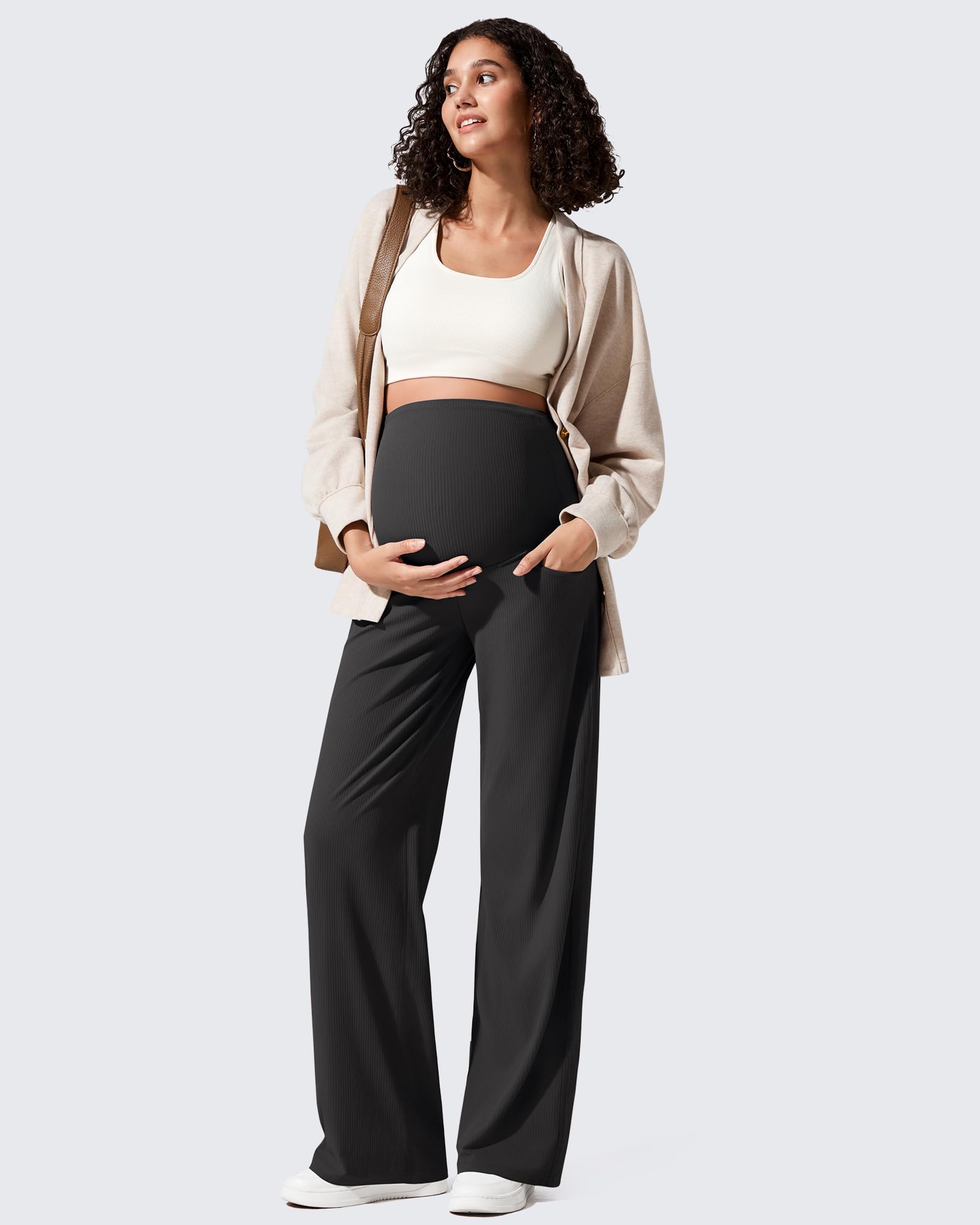 G4Free Maternity Lounge Pants with Pockets Over The Belly Stretchy Lounge Pregnancy Wide Leg Trousers(Black,M,Regular)