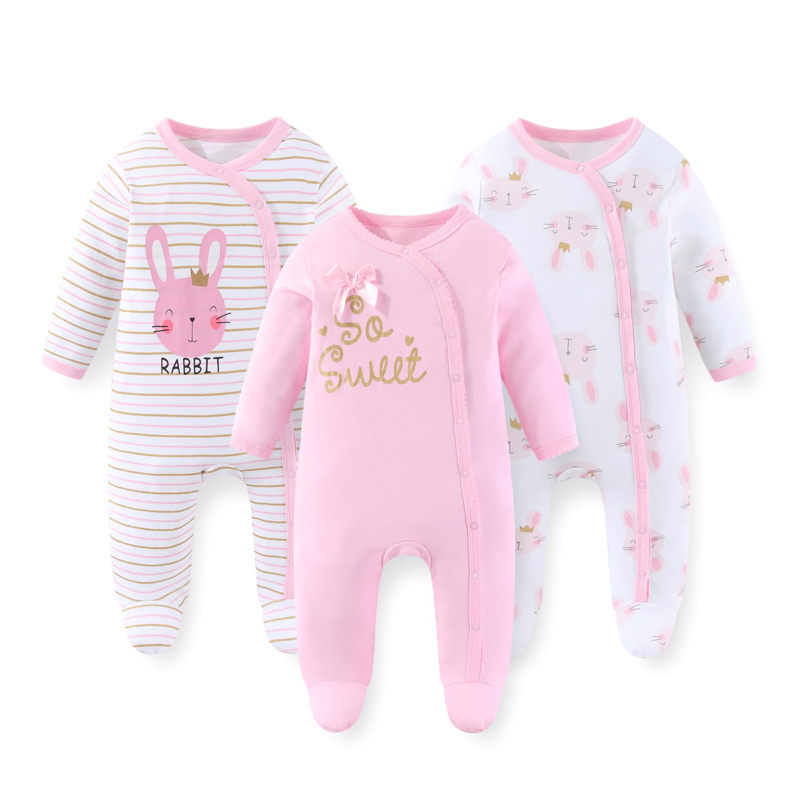JELYLOVE 3 Pack Long Sleeve Baby Footed Rompers 0-12 Months
