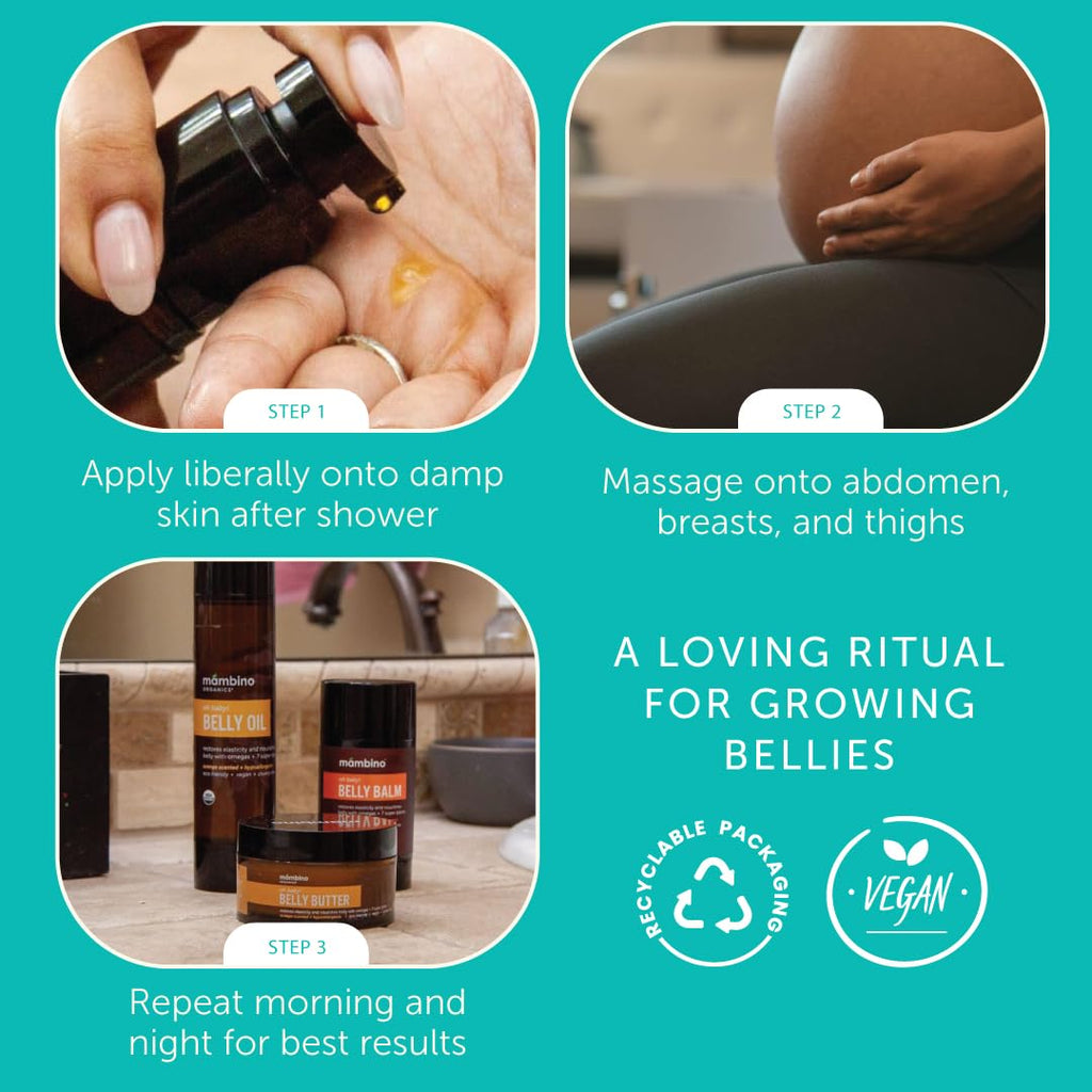 Mambino Organics Oh Baby! Belly Oil for Pregnant Women, Organic Stretch Mark Oil for Pregnancy, Postpartum Skin Elasticity, Hydration, With Tamanu, Shea Butter, Calendula, Vegan, Non-GMO, 2 fl oz