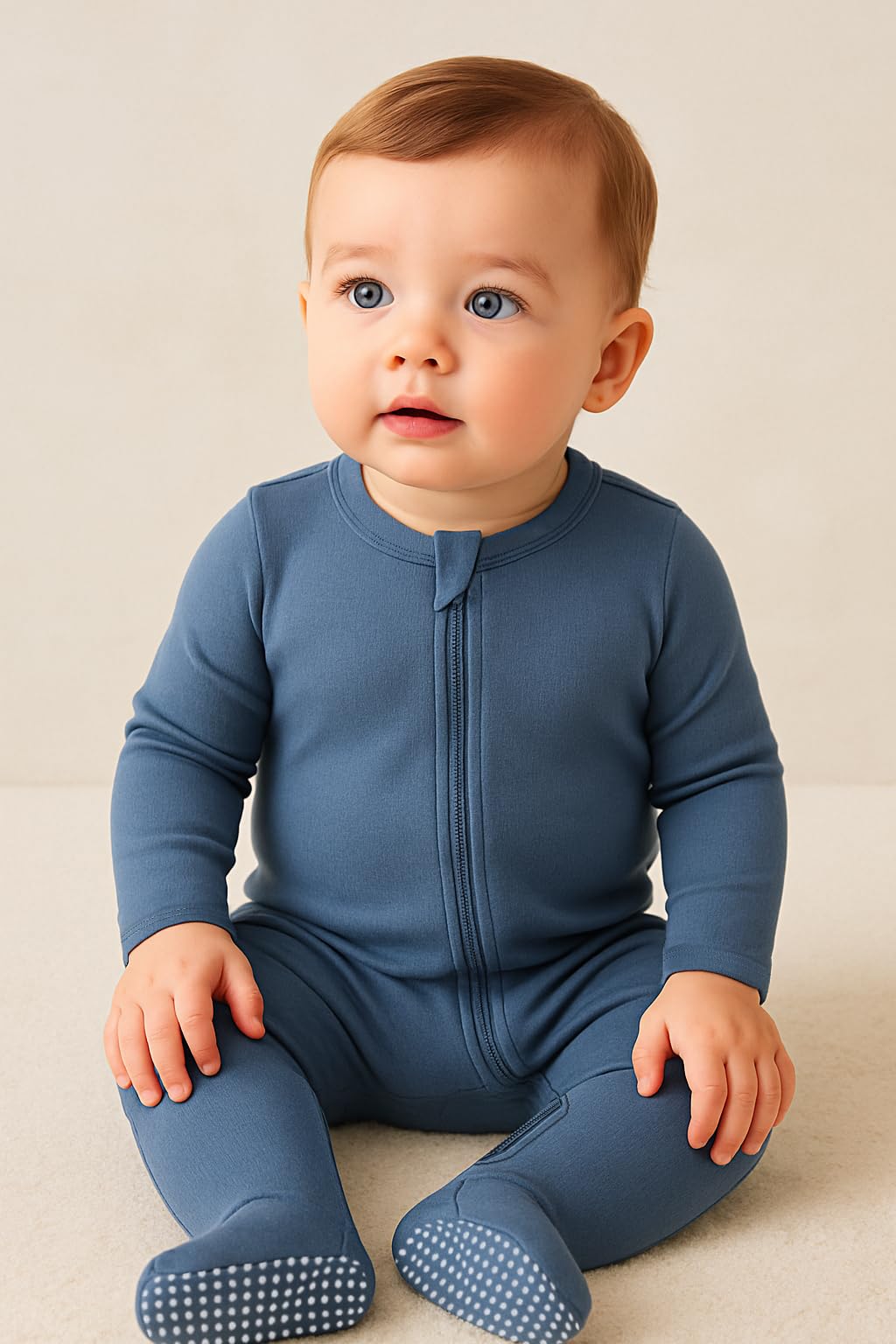 O2 BABY Baby Boys Girls Organic Cotton Zip Front Sleeper Pajamas, Footed Sleep 'n Play（Newborn, Blue Ashes）