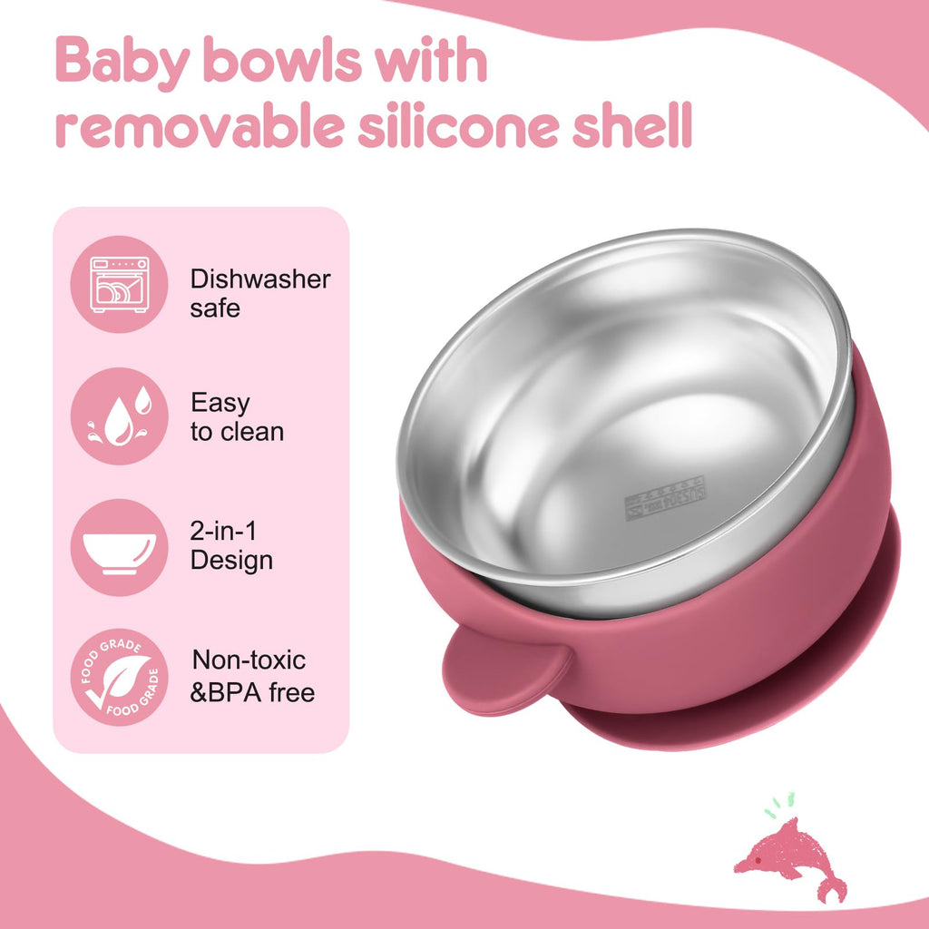 Wesketch 2 Pack Stainless Steel Baby Bowls with Suction, Toddler Bowls with Removable Silicone Shell for Kids, Non-Slip Toddler Baby Feeding Set Dishwasher Safe-Gray & Red