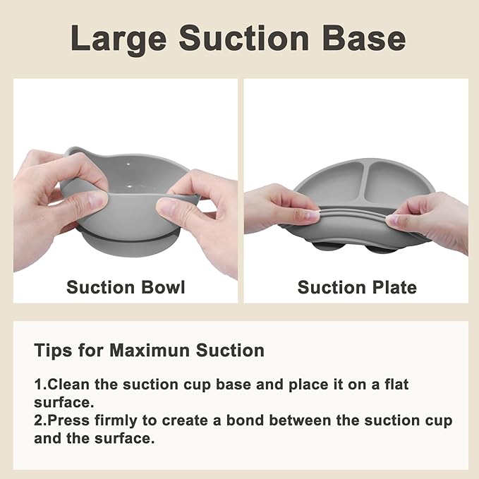 Silicone Baby Feeding Set | Baby Led Weaning Supplies Includes Suction Bowls and Divided Plates, Adjustable Bib, Baby Utensils Spoons and Forks,Cup | Baby Feeding Essentials (Grey)