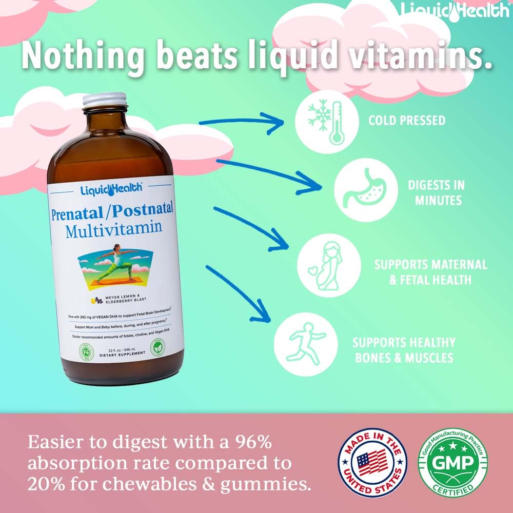 LIQUIDHEALTH Prenatal/Postnatal Multiple Liquid Women's Multivitamin with Real Folate - Pre & Postnatal Vitamins for Before, During, After Pregnancy - Made in USA, Vegan, Sugar-Free, Non-GMO (2 Pack)