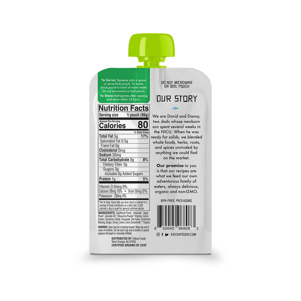 Kekoa Foods Shawarma, Artichoke & Cauliflower Baby Food Purée | 100% USDA Certified-Organic Vegetarian Squeeze Pouch | Organic, Non-GMO, Gluten-Free, Vegan | Nutritious First Food for Babies | 3.5 oz