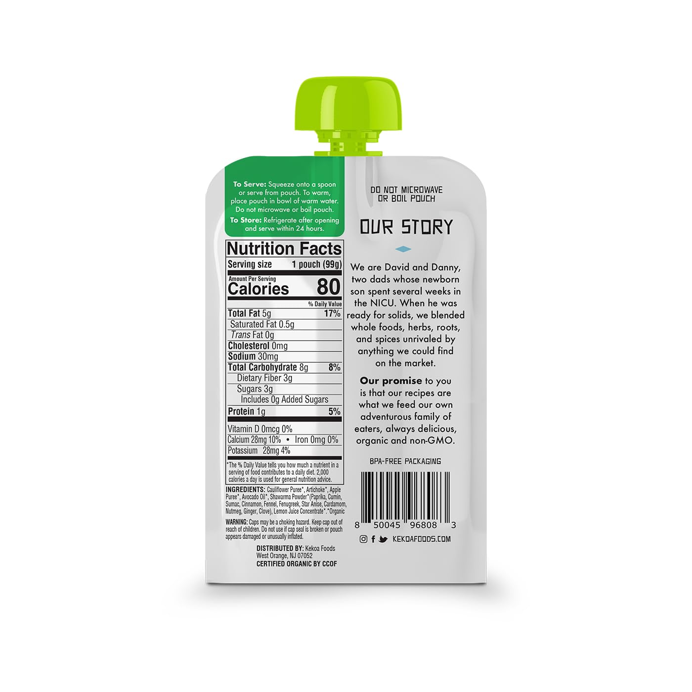Kekoa Foods Shawarma, Artichoke & Cauliflower Baby Food Purée | 100% USDA Certified-Organic Vegetarian Squeeze Pouch | Organic, Non-GMO, Gluten-Free, Vegan | Nutritious First Food for Babies | 3.5 oz